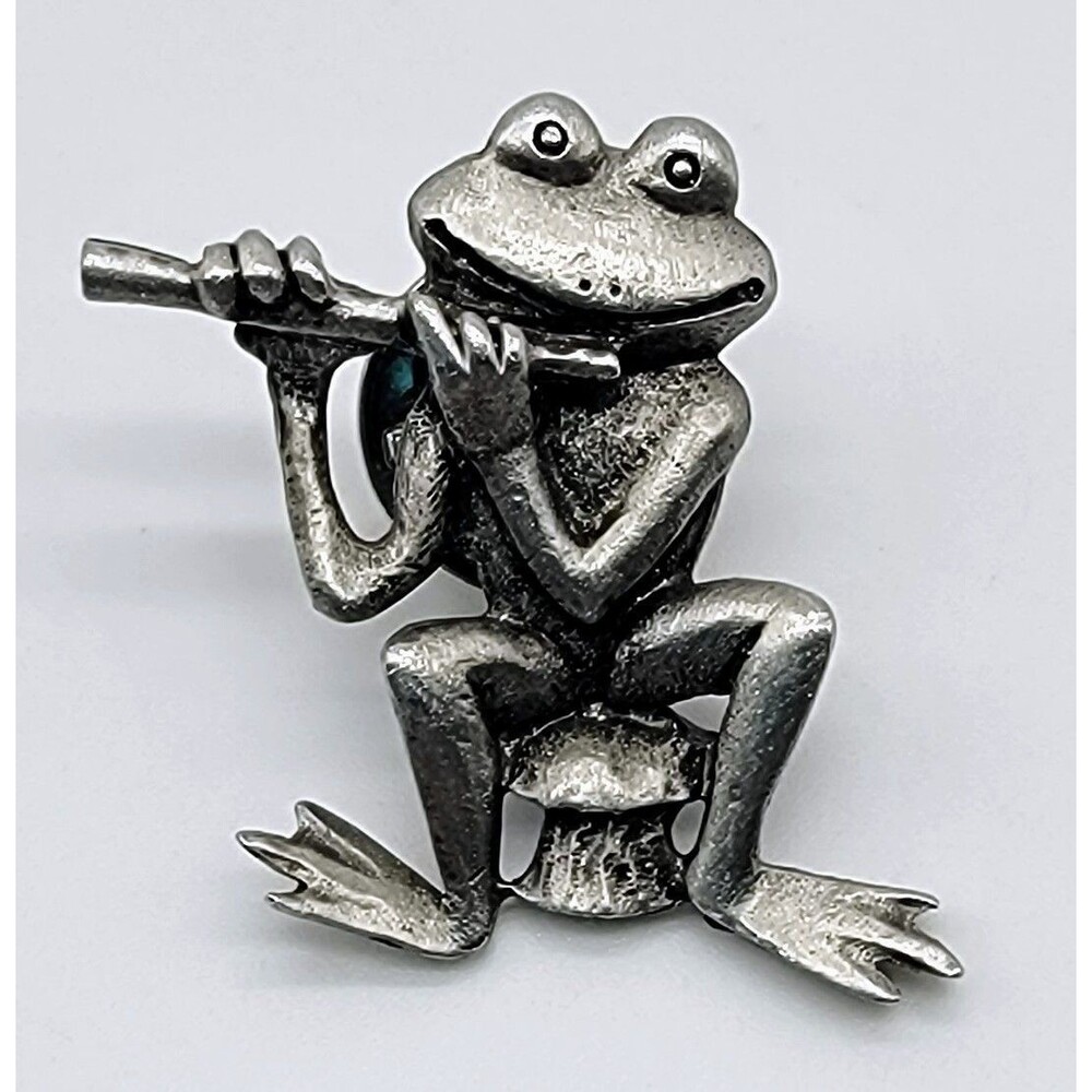 Vtg JJ Jonette Frog Musician Piper Mushroom Flute Pin Pewter